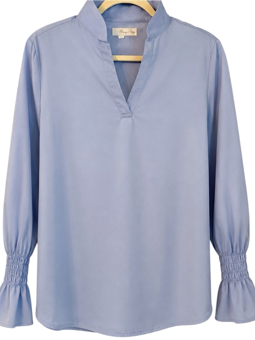 Claridge + King Light Blue 100% Cotton Popover Blouse Smocked Cuffs Size L